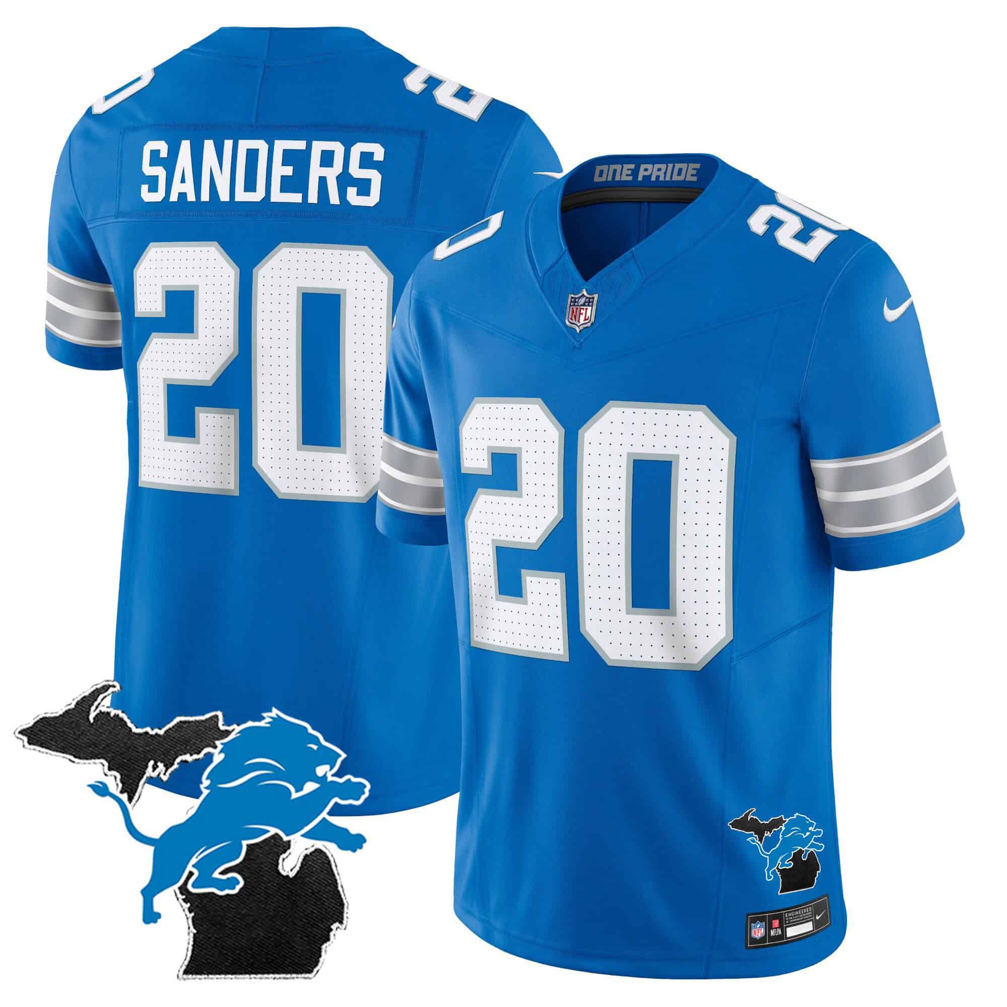 Men Detroit Lions #20 Sanders Blue 2024 Nike Michigan Patch Vapor Limited NFL Jersey